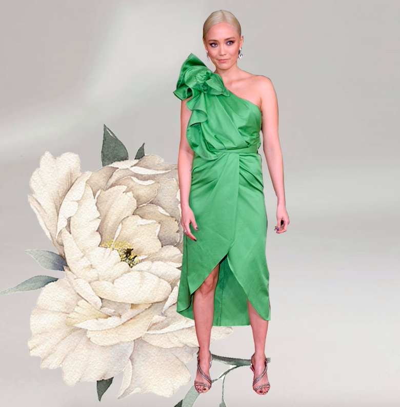 Woman wearing a perfect outfit for garden parties; a chic green dress.