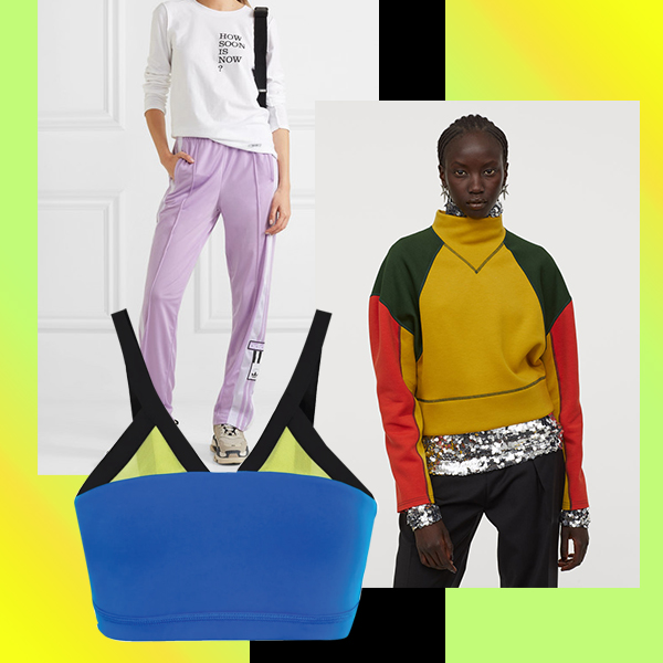 collage with some sportswear and a model wearing a sweatshirt and sweatpants