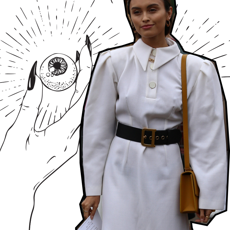 Collage with street style photo from milan fashion week, with a fashionista wearing a white shirt dress and a wide black belt