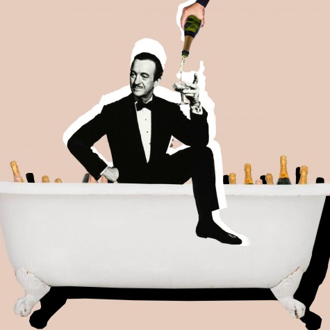 collage with actor David Niven wearing a black tie, and drinking champagne in a bathtube