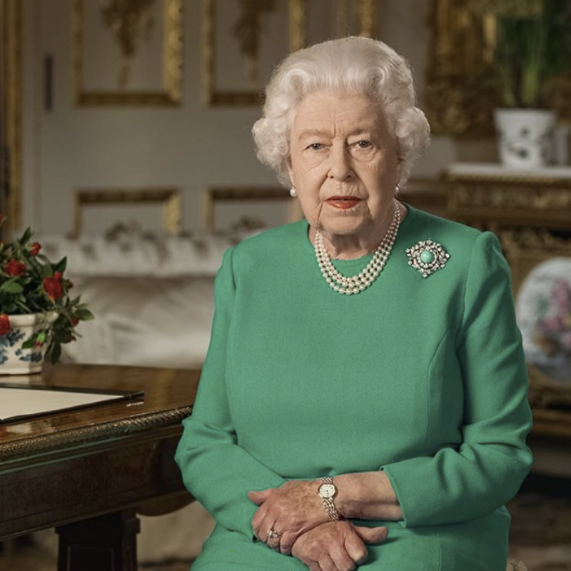 Queen Elizabeth wearing a green dress for her televised speech about the coronavirus crisis.