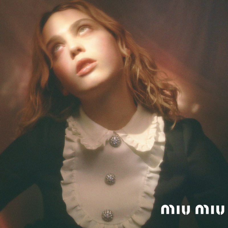 Black and white look for Miu Miu Pre Fall 2020 campaign.