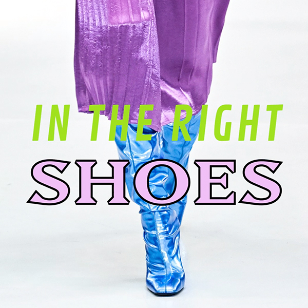 detail of a blue sky boot and a purple dress from the fashion runways