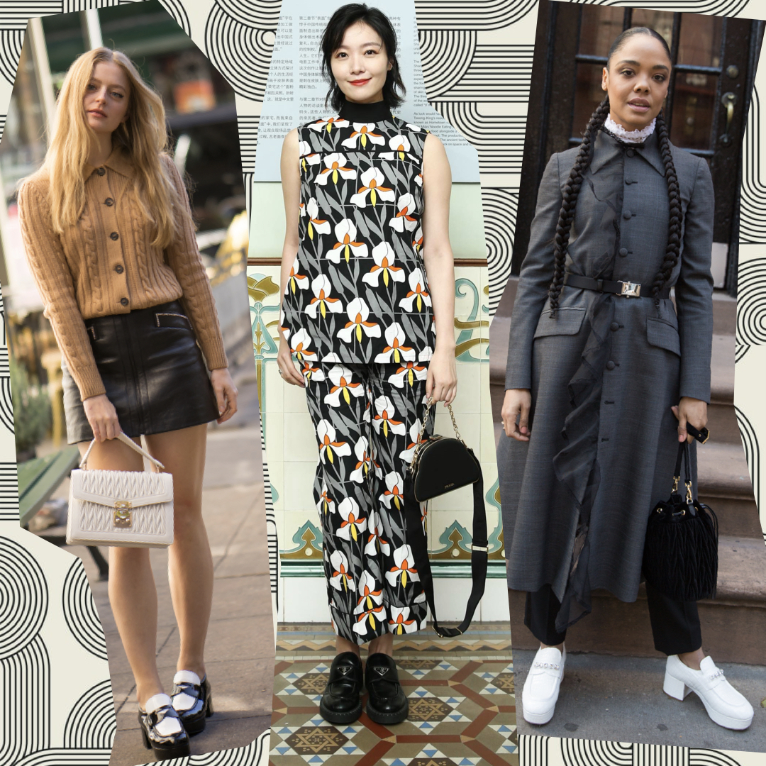 Anna Baryshnikov, actress Qi Xi, and Tessa Thompson wearing loafers shoes from Miu Miu and Prada