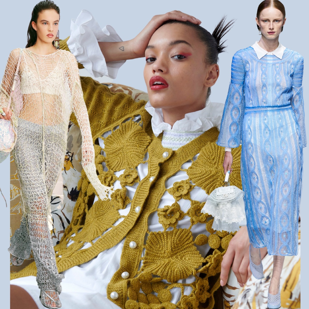 Collage showing 3 runway outfits with models wearing the last crochet trend SS21