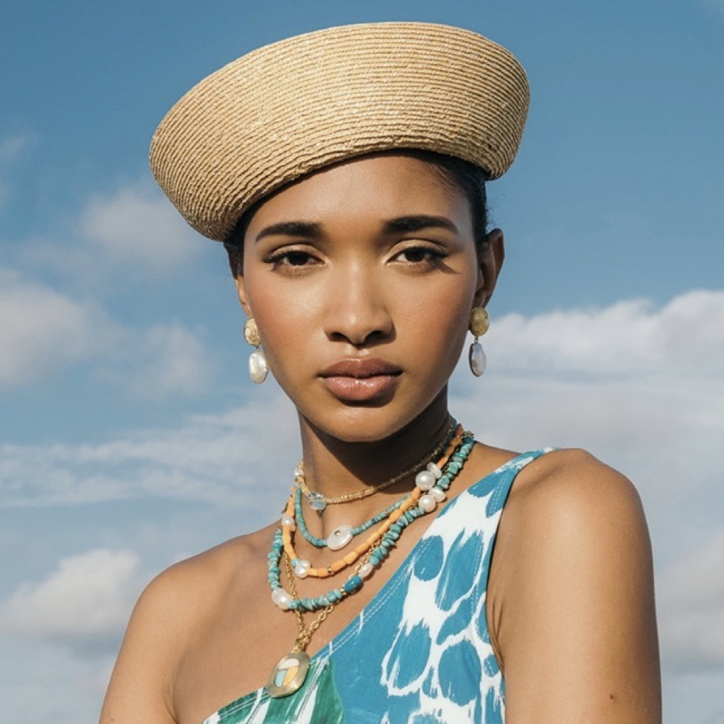 Woman wearing the best summer accessories, straw hat and bead necklaces and chokers.