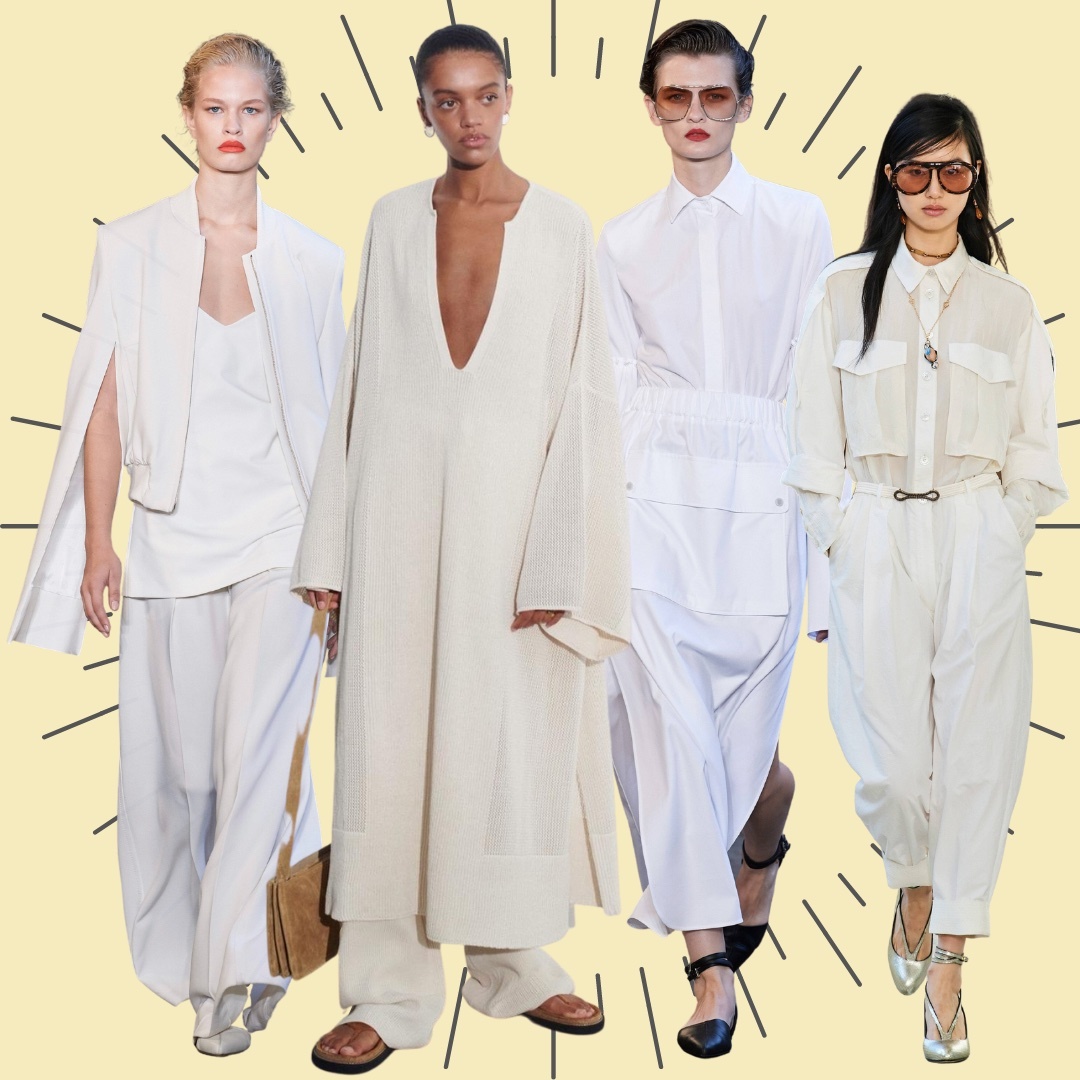 Collage with 4 models wearing white jumpsuits, kaftans, tunicas instead fo the classic summer white dress