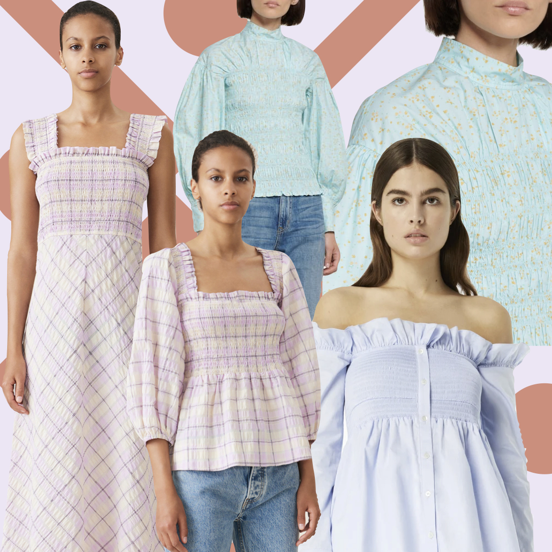 Collage with women wearing smock dresses and tops embellished with English smocking embroidery.