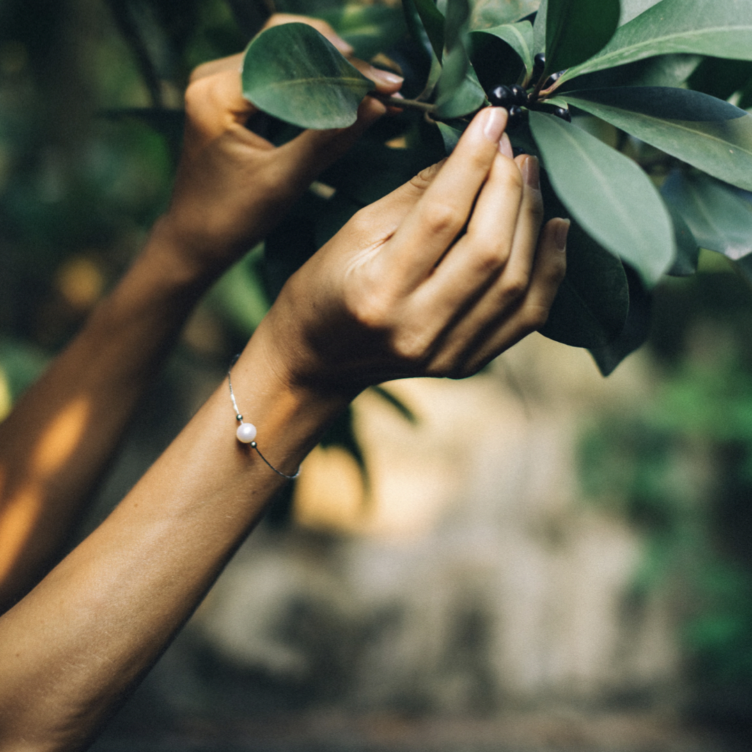 detail of a female hand wearing a pearl bracelet, holding a plant,