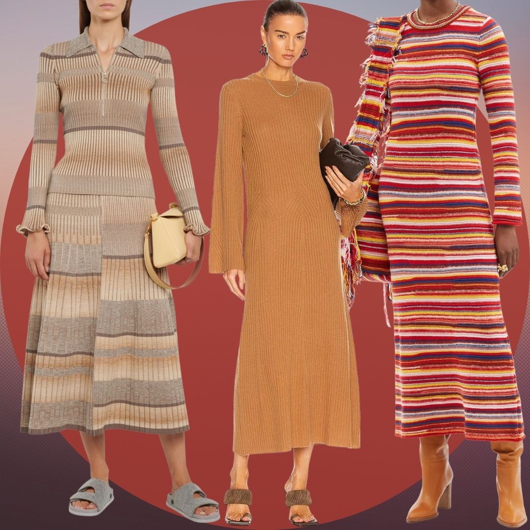 3 models wearing Fall 21 knitted dresses from MyTheresa, Net-a-porter and Forward