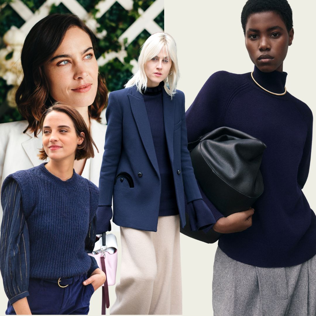 Collage with Alexa Chung, Linda Tol and models wearing timeless navy blue sweater