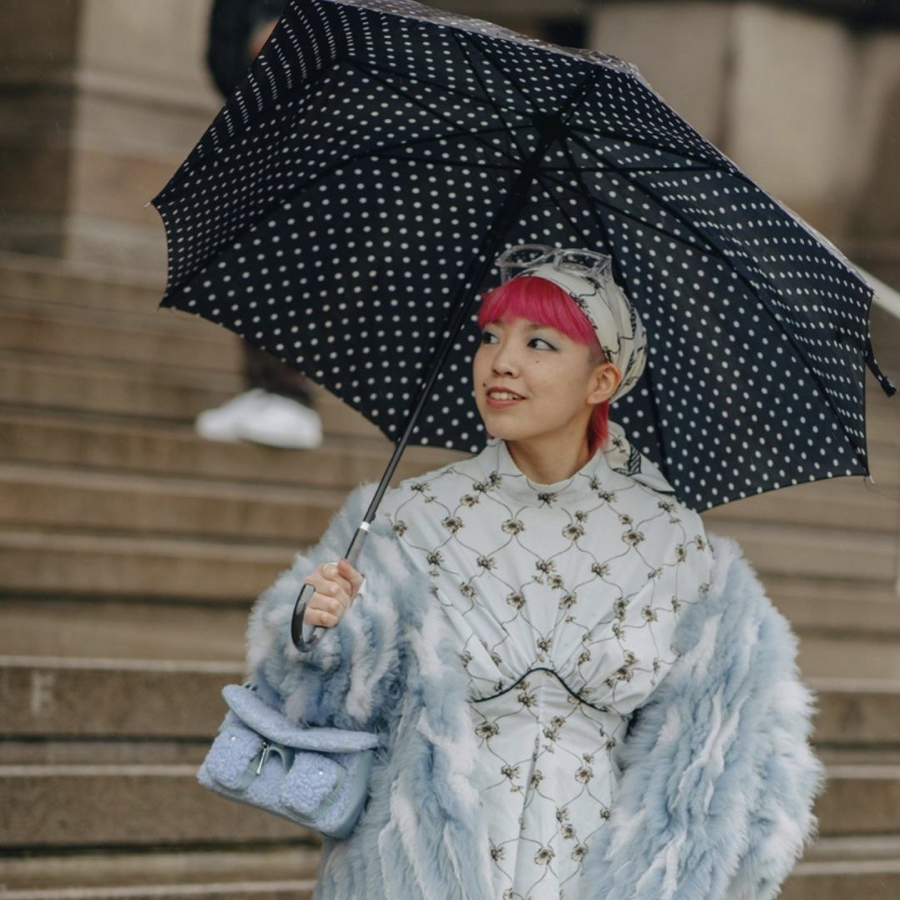 Street style on a spring rainy day with the best umbrella and raincoat.