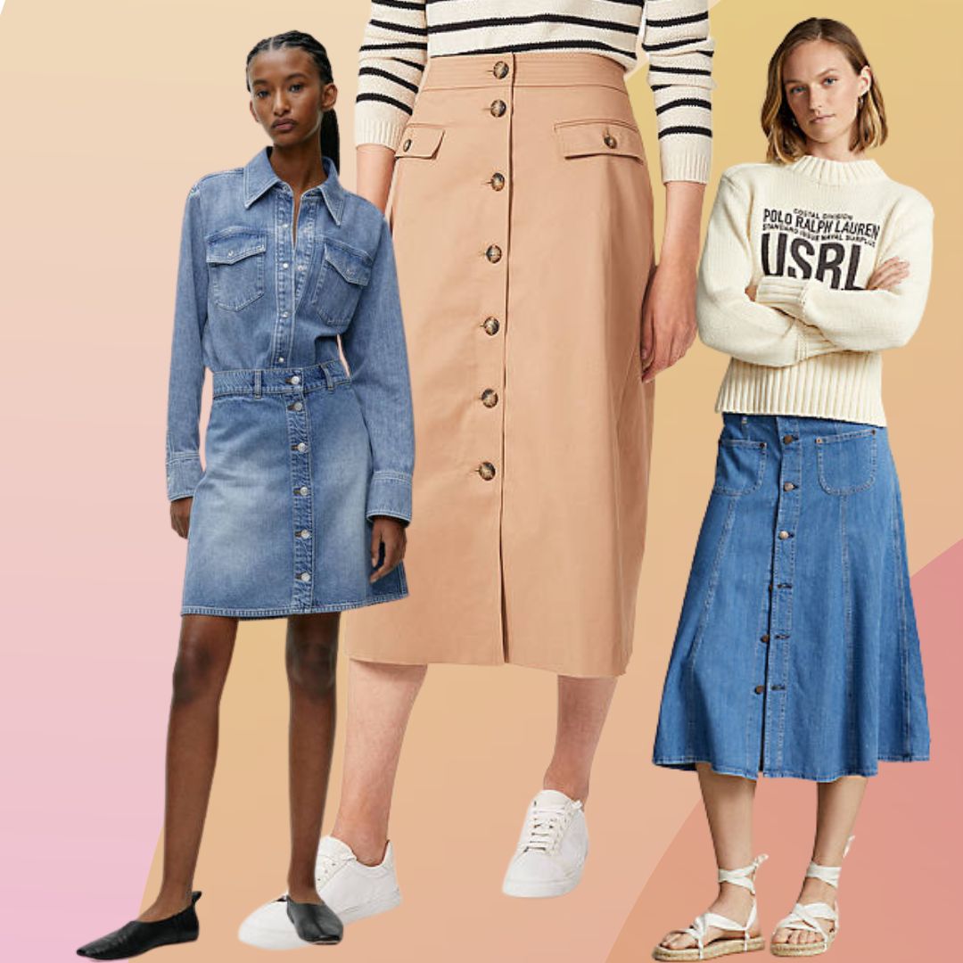 Collage with this summer best button-down skirts