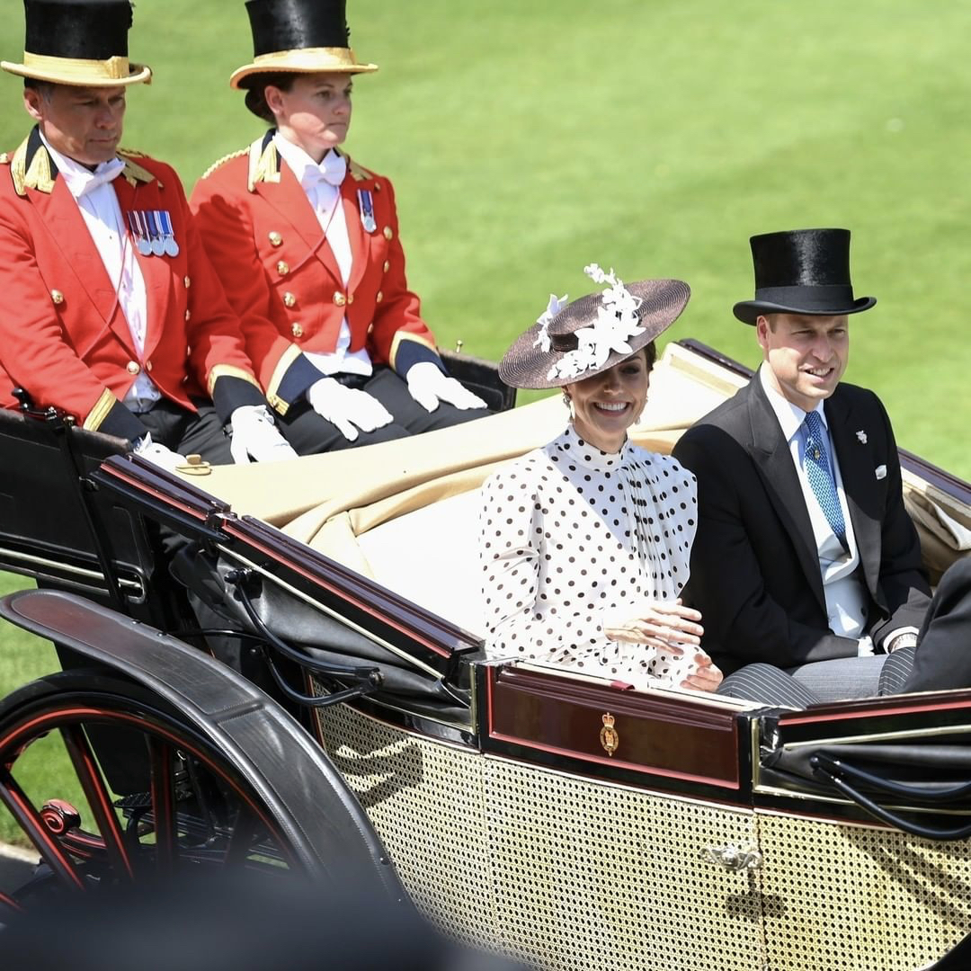 The Duchess of Cambridge in a polka dot look with her husband at Ascot in June 2022.