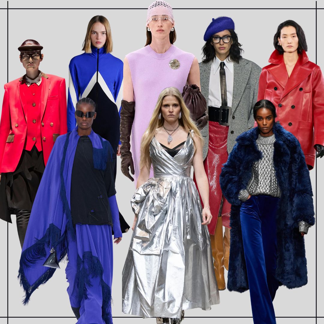 collage with AW 22-23 runway models wearing trendy looks