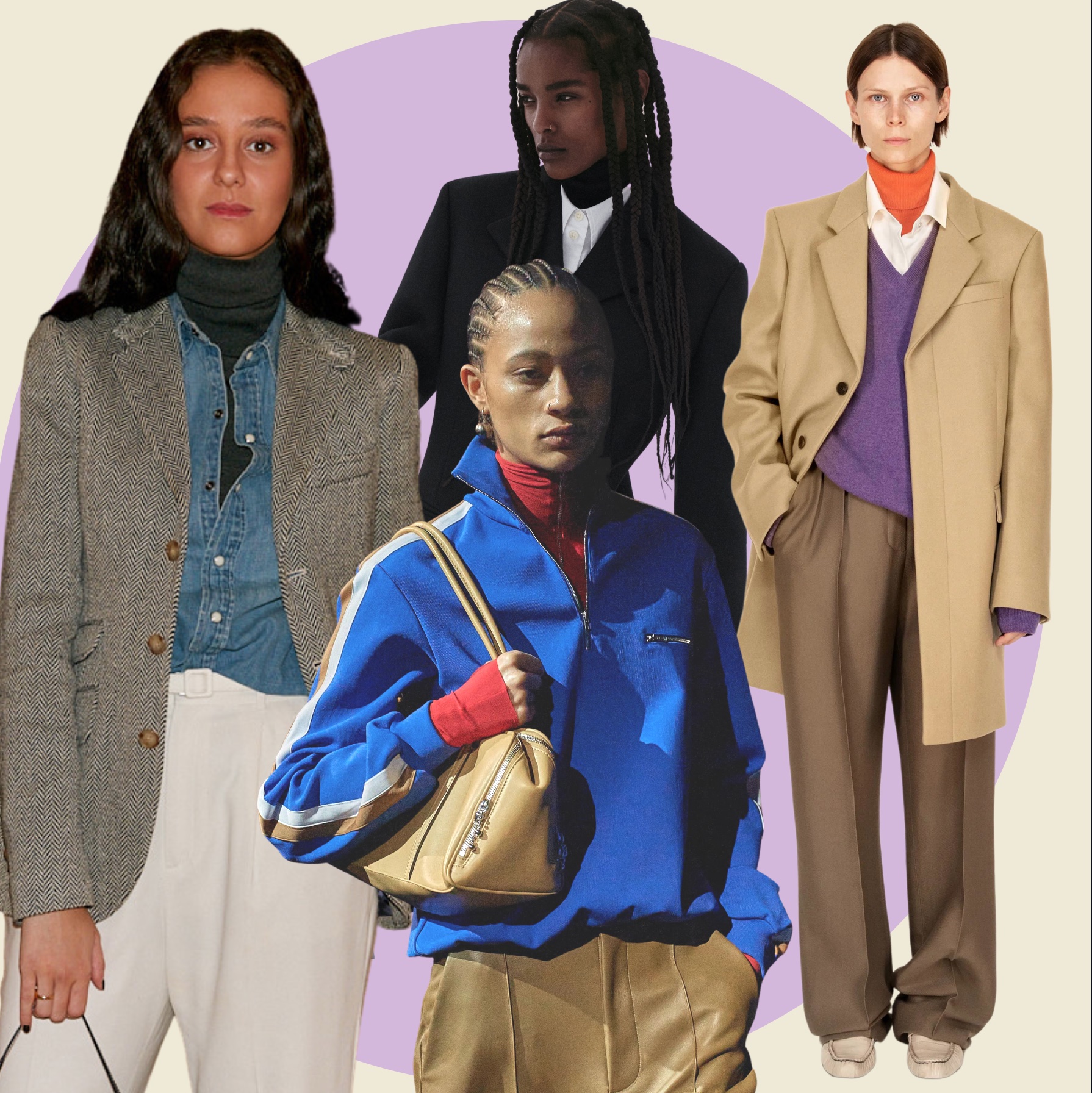 Collage with Ralph Lauren, COS, Tory Burch and The Row look-turtleneck and shirt