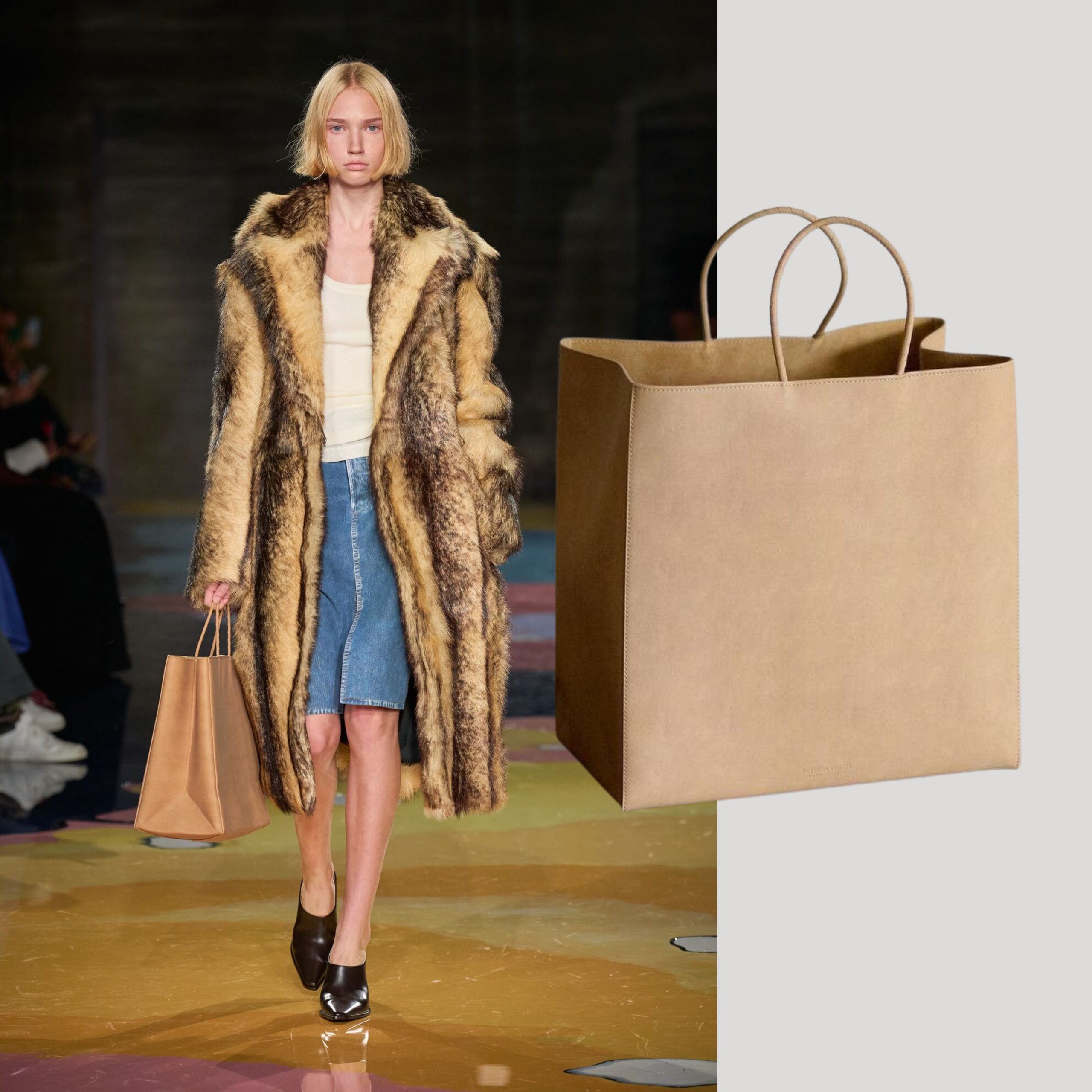 Bottega Veneta model on the runway carrying the new brown bag