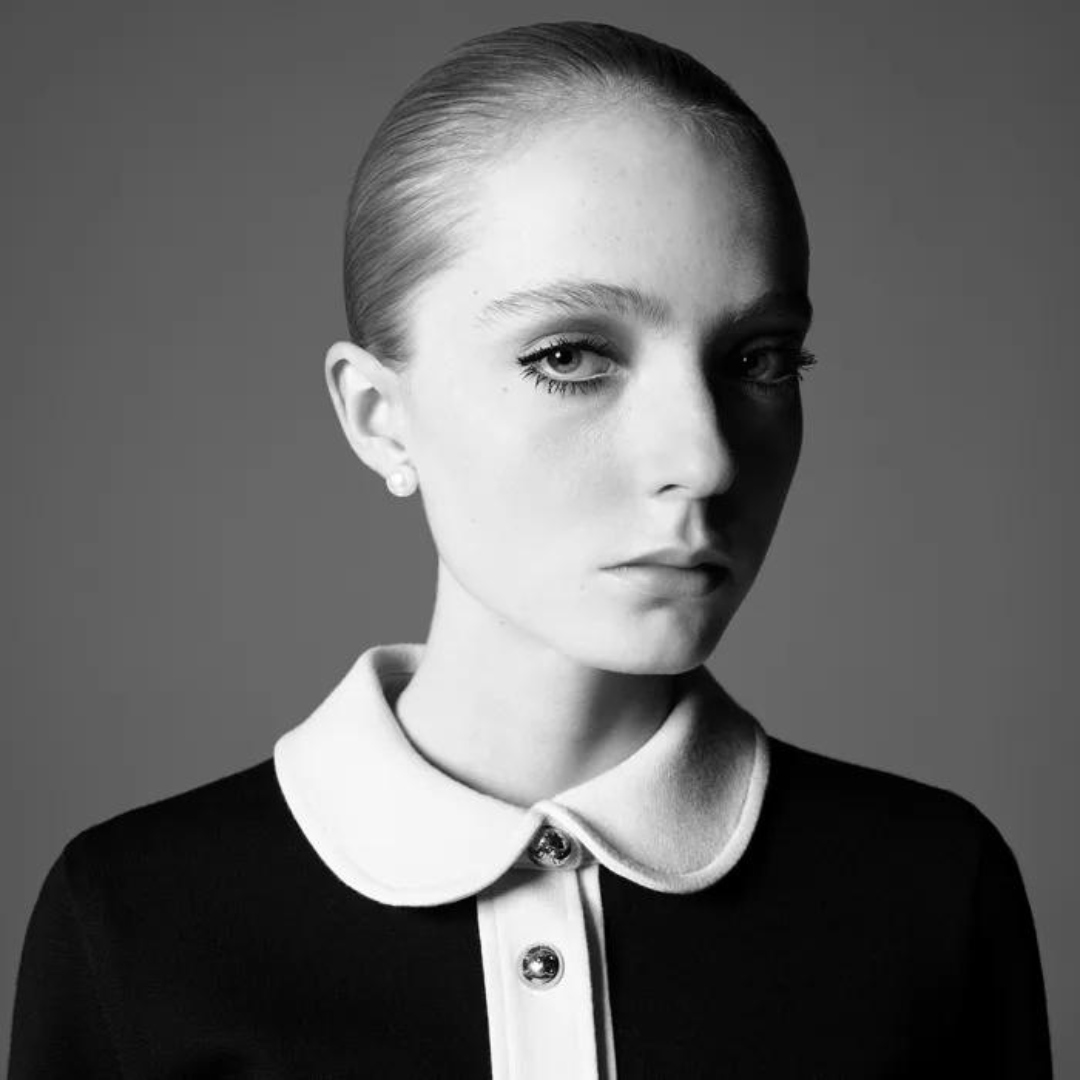 black and white-model in 60s style wearing the new celine makeup line