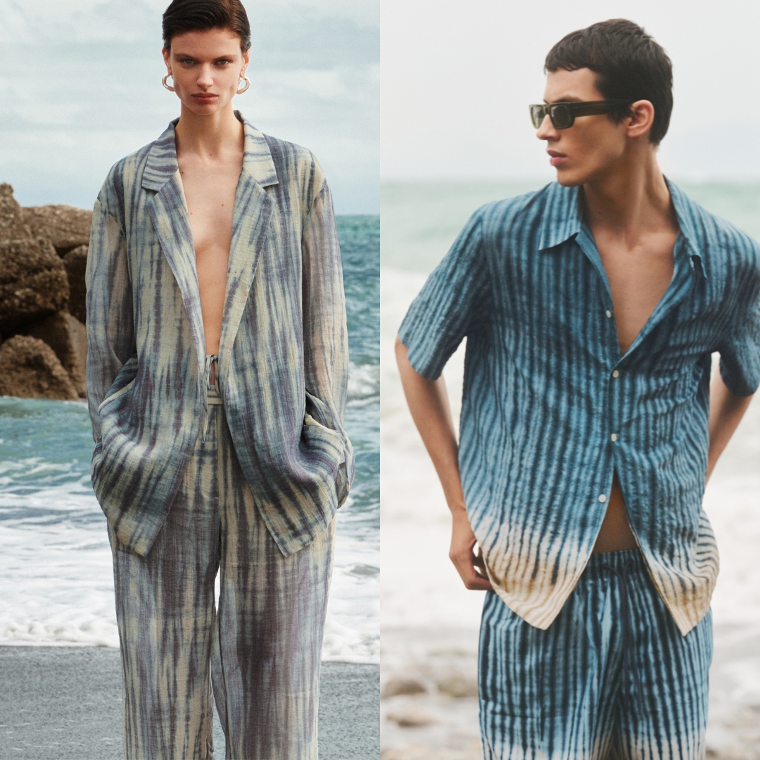 A female and a male model are on the beach wearing pieces from COS x Kazuki Tabata collaboration