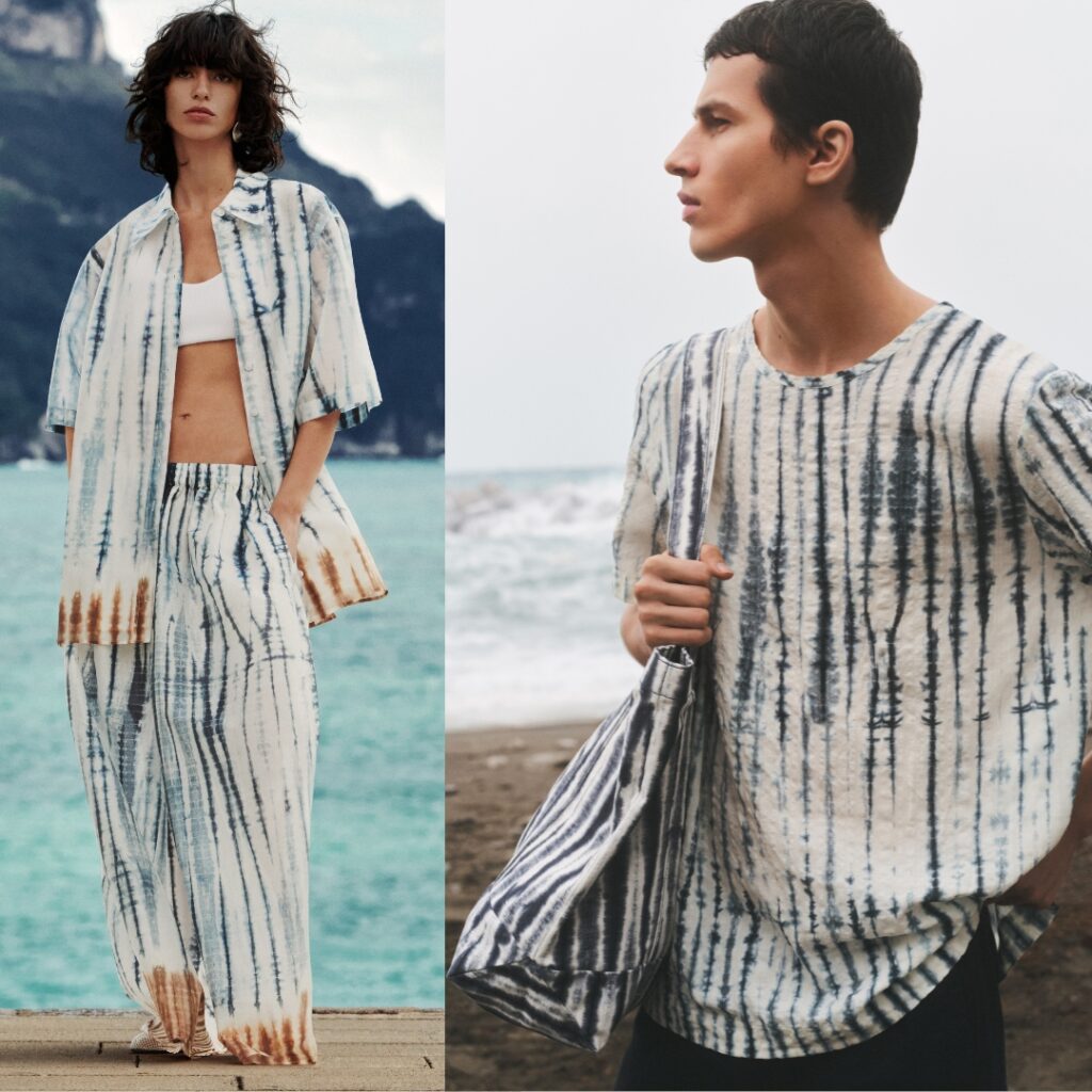 A female and a male model are on the beach wearing pieces from COS x Kazuki Tabata collaboration