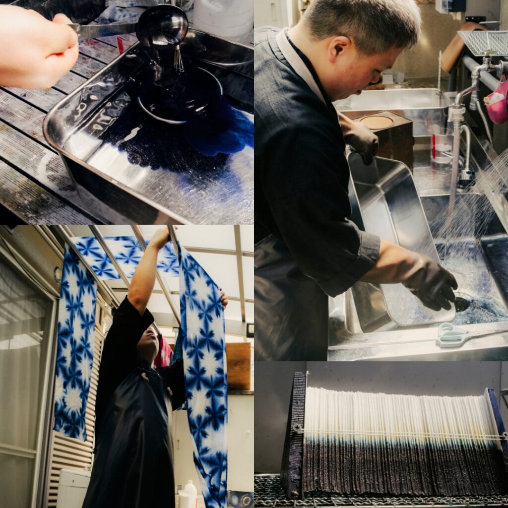 collage with some details of the process of Shibori technique by artist Kazuki Tabata in his atelier in Osaka