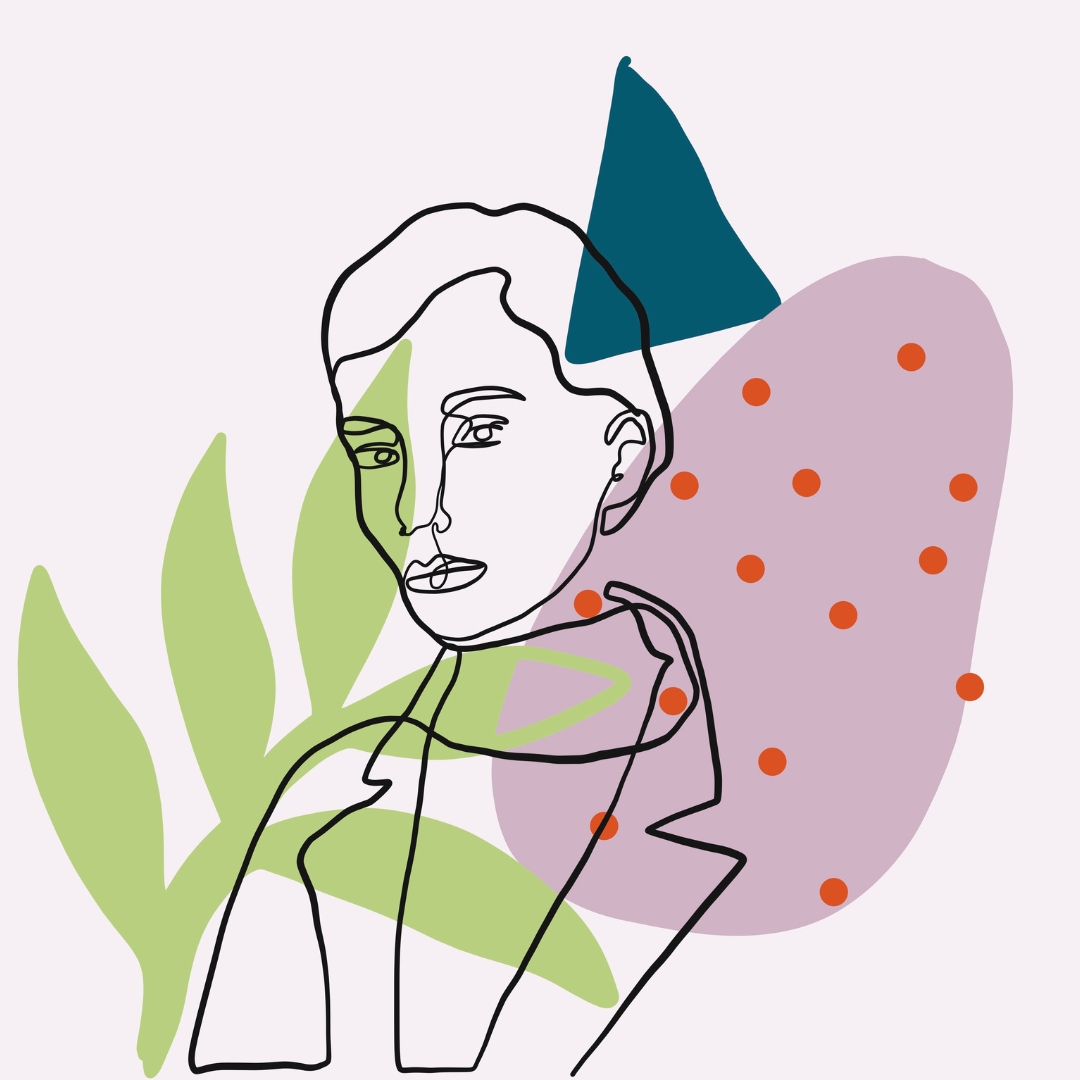 An illustration of a womans pensive face overlaid with a green leaf and pink graphic elements.