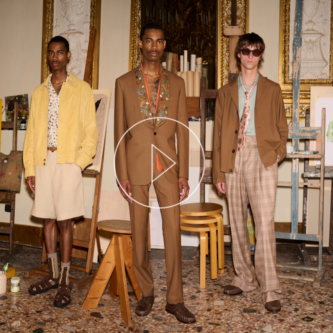 three model from Paul Smith SS/25 Menswear collection, wearing a palette of pastel colours