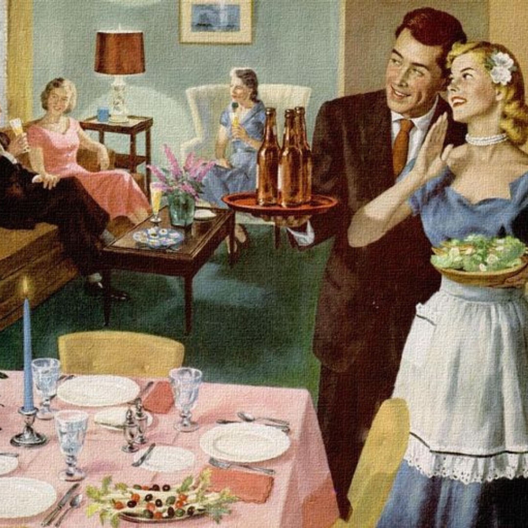 tradwife aesthetic-illustration of a woman from the 50s wearing an apron and serving a dinner for husband and friends