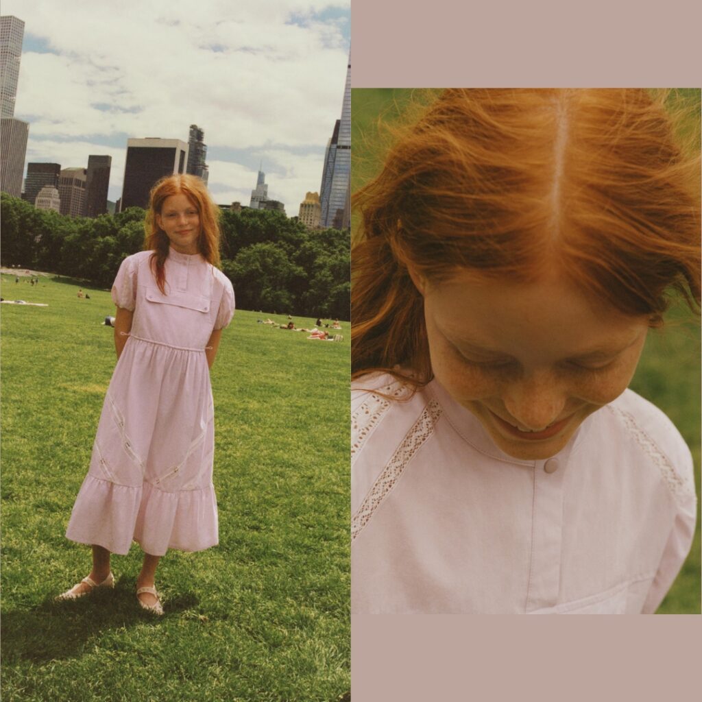 collage with two photos of a ginger girl in a park wearing a pink embroidered dress from Zara and Sea Children Collection