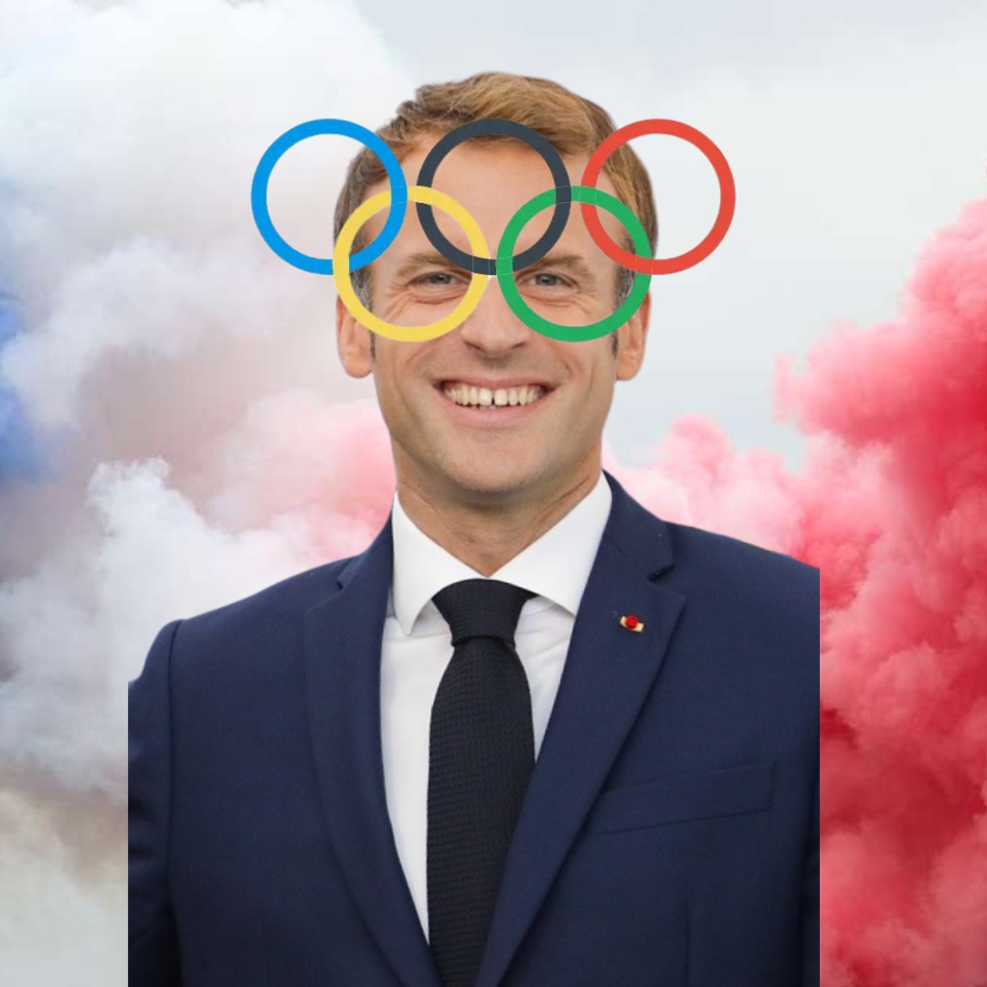 Collage with president Macron, the fires of the opening ceremony and the olympic circles as his glasses