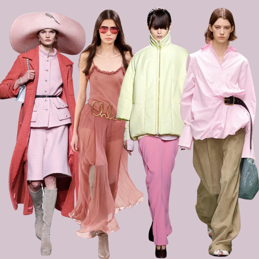 collage with romantic pink looks from winter 24/25 runway Paris- Chanel, Chloe, Dries van Noten and Loewe