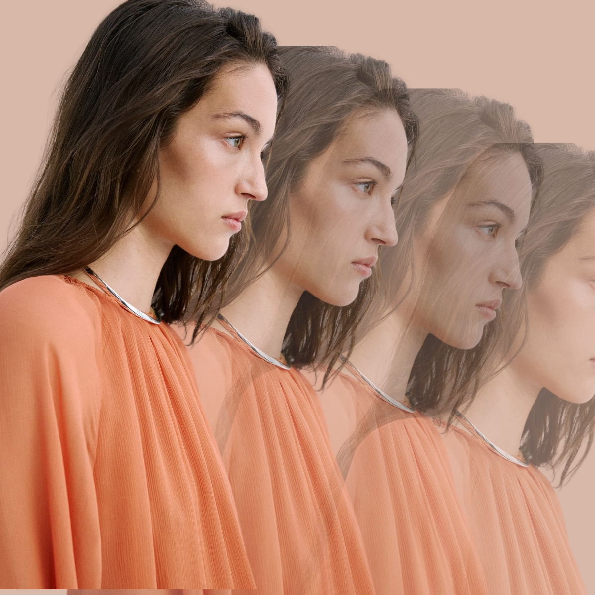 collage with a mango model wearing an orange boho summer dress