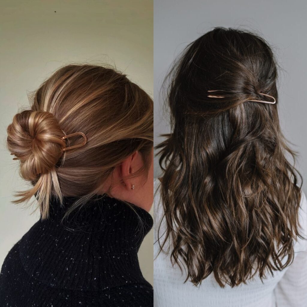 collage with two women wearing different styles of bun holding by a french pin