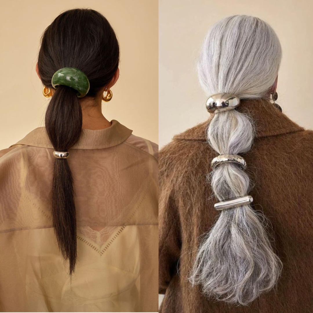 collage with two women wearing a long ponytail bejewelled with metal hair cuffs