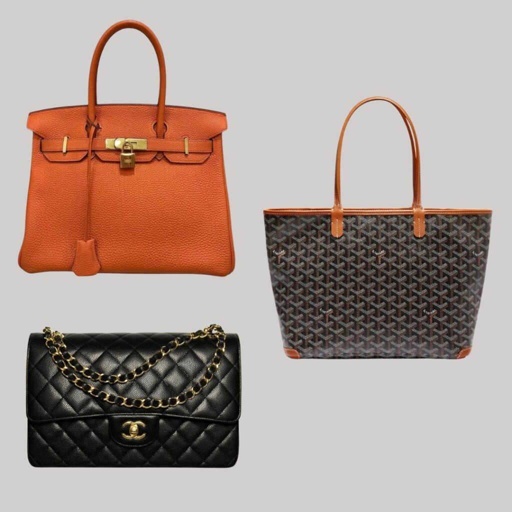 collage with real luxury Hermes, Goyard and Chanel bag