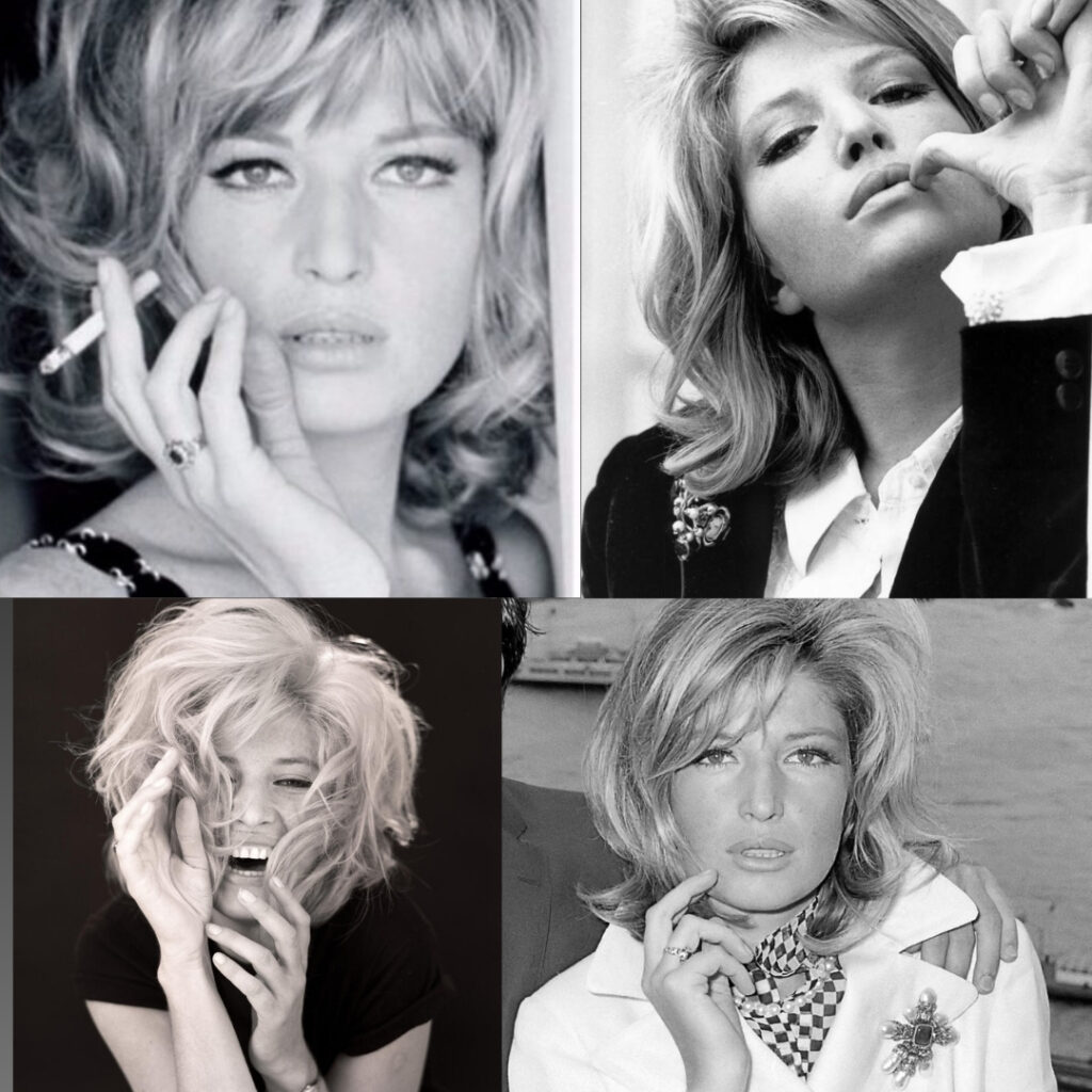 collage with black and white photos of Italian actress Monica Vitti