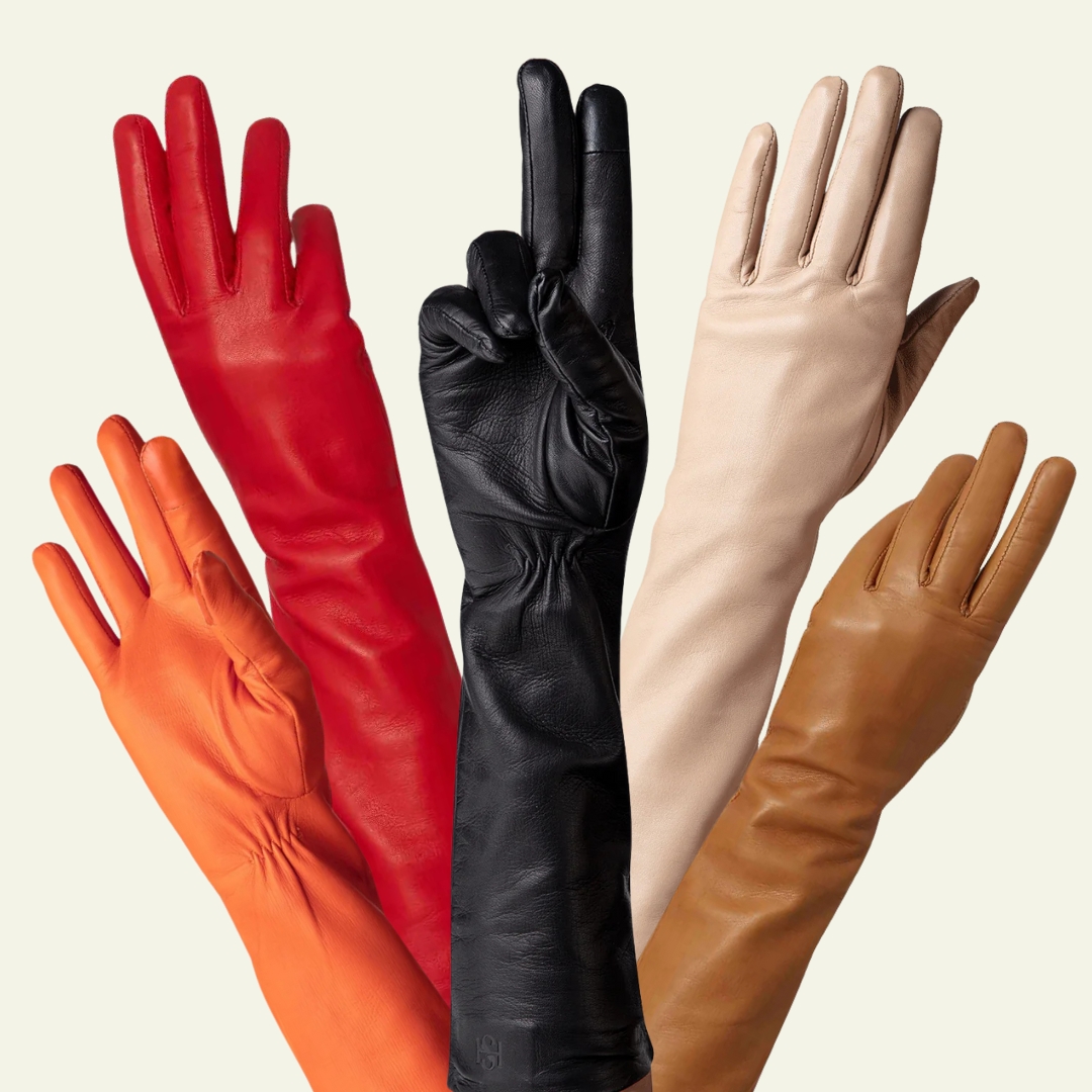 collage with five models of long leather gloves from the brand Handsome Stockholm