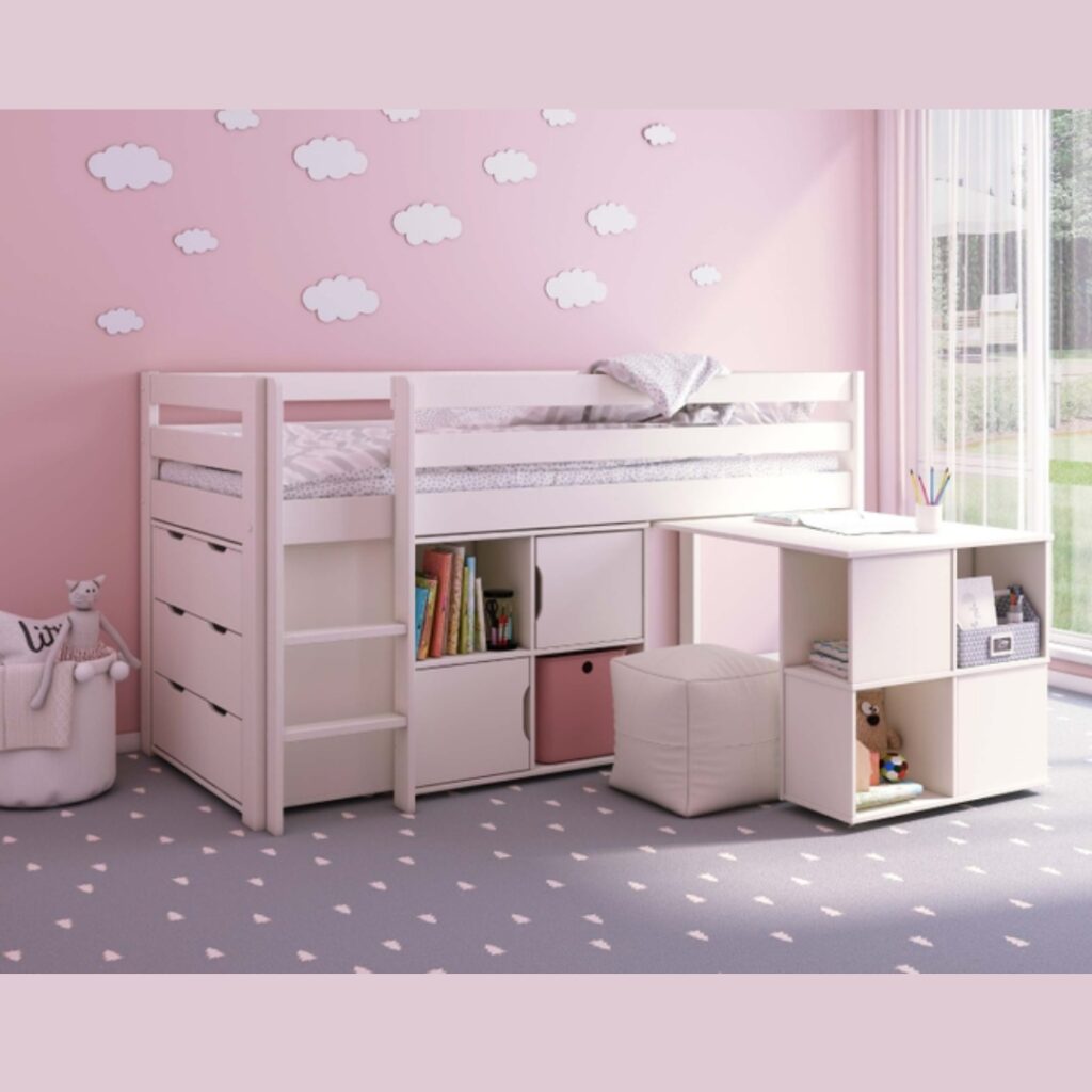 a young girl room with a mid sleeper bed equiped with a desk and drawers