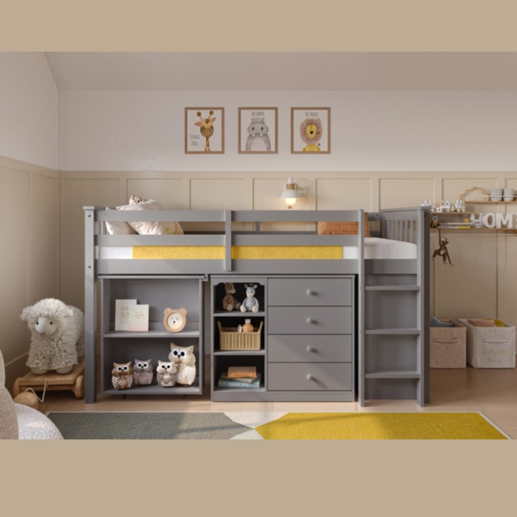 a children bedroom with a mid sleeper bed composed by drawers and shelves