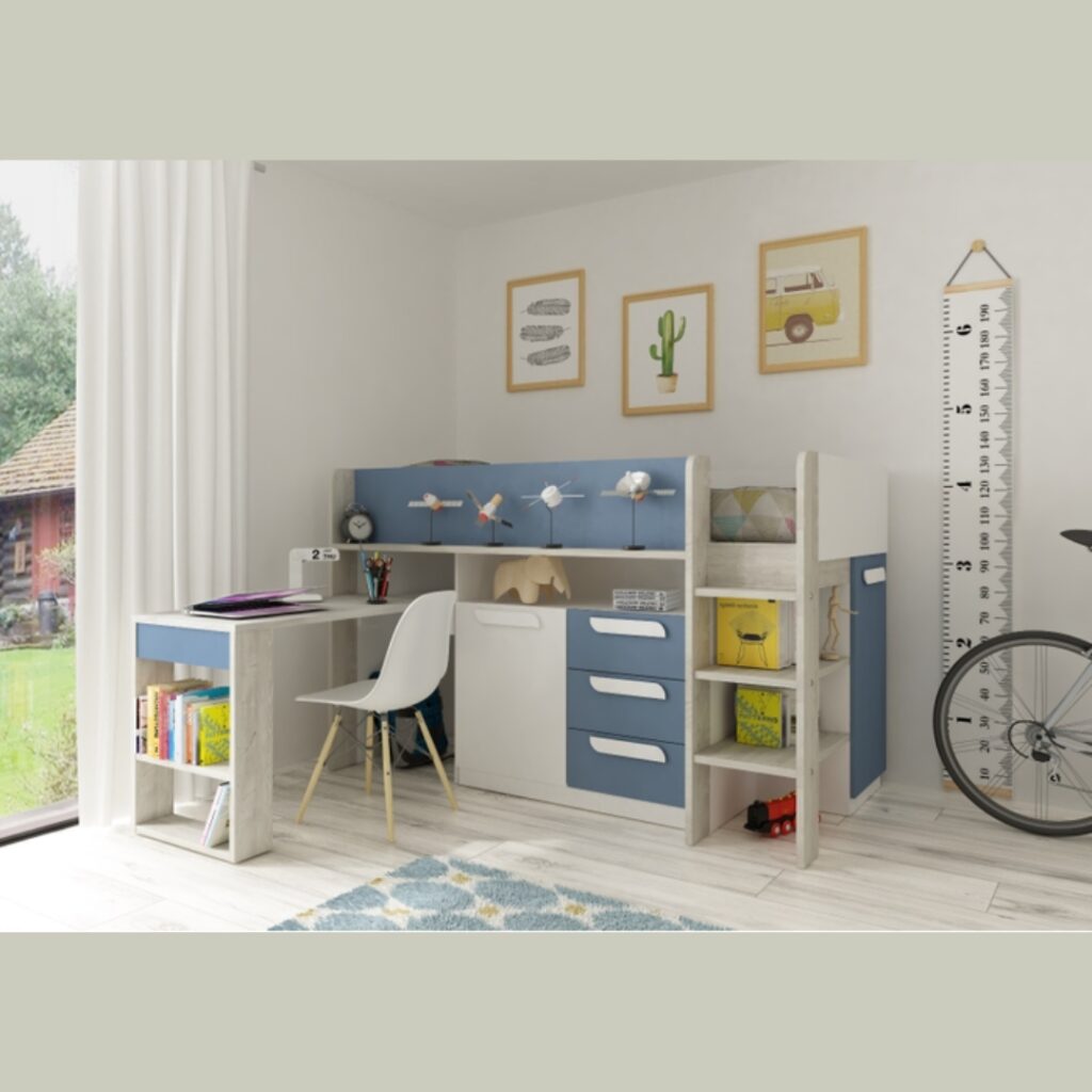 a boy room with a mid sleeper bed equiped with a small study area