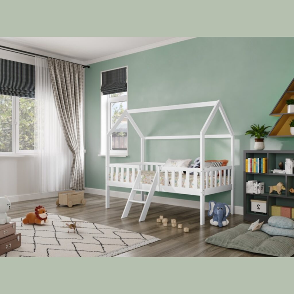 picture of a child bedroom with a mid sleeper bed in format of a little house