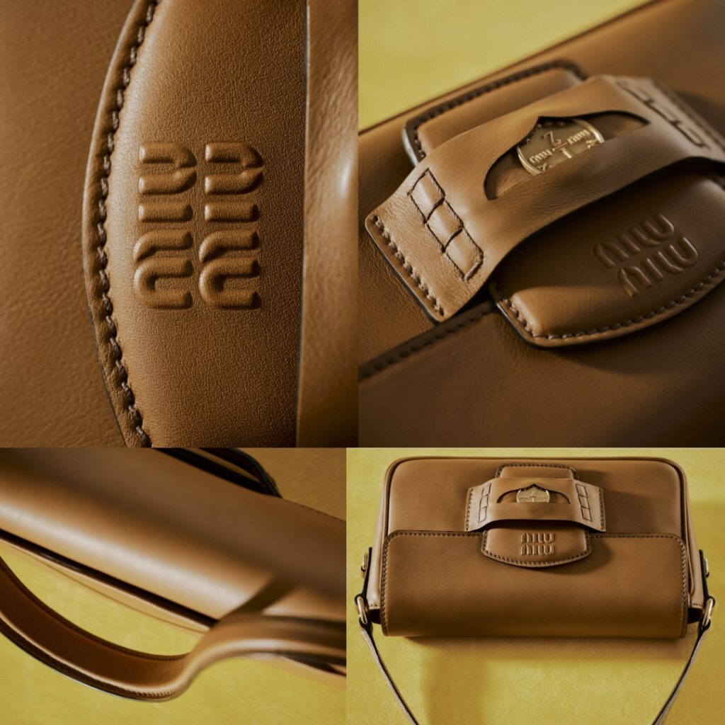 Collage with the detailed features of Miu Miu Penny Bag