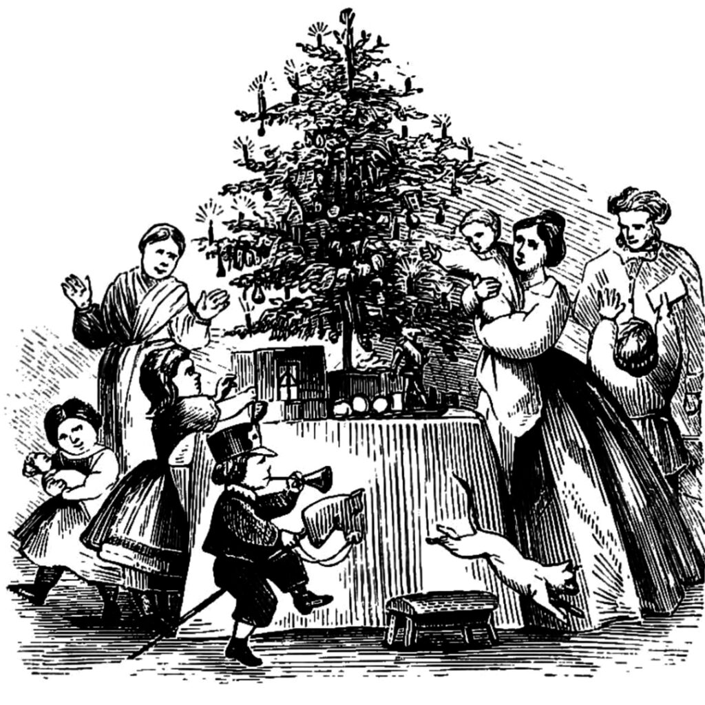 black and white vintage illustration of a family gathered around a Christmas tree