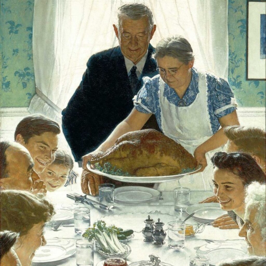 Norman Rockwell illustration of a family in thanksgiving