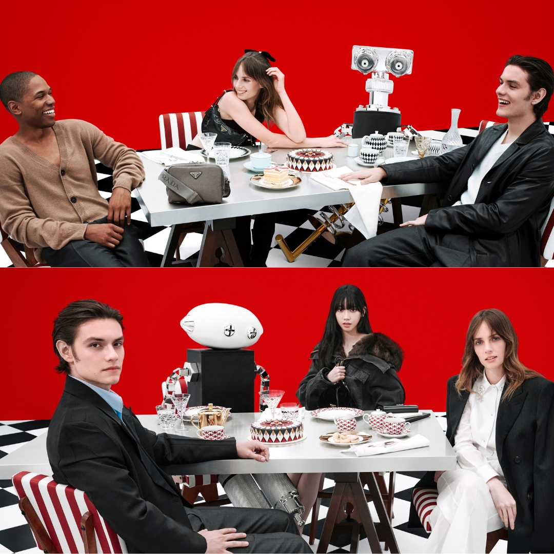 collage with two photos showing three models around a table celebrating Christmas in a company of a robot - prada christmas campaign