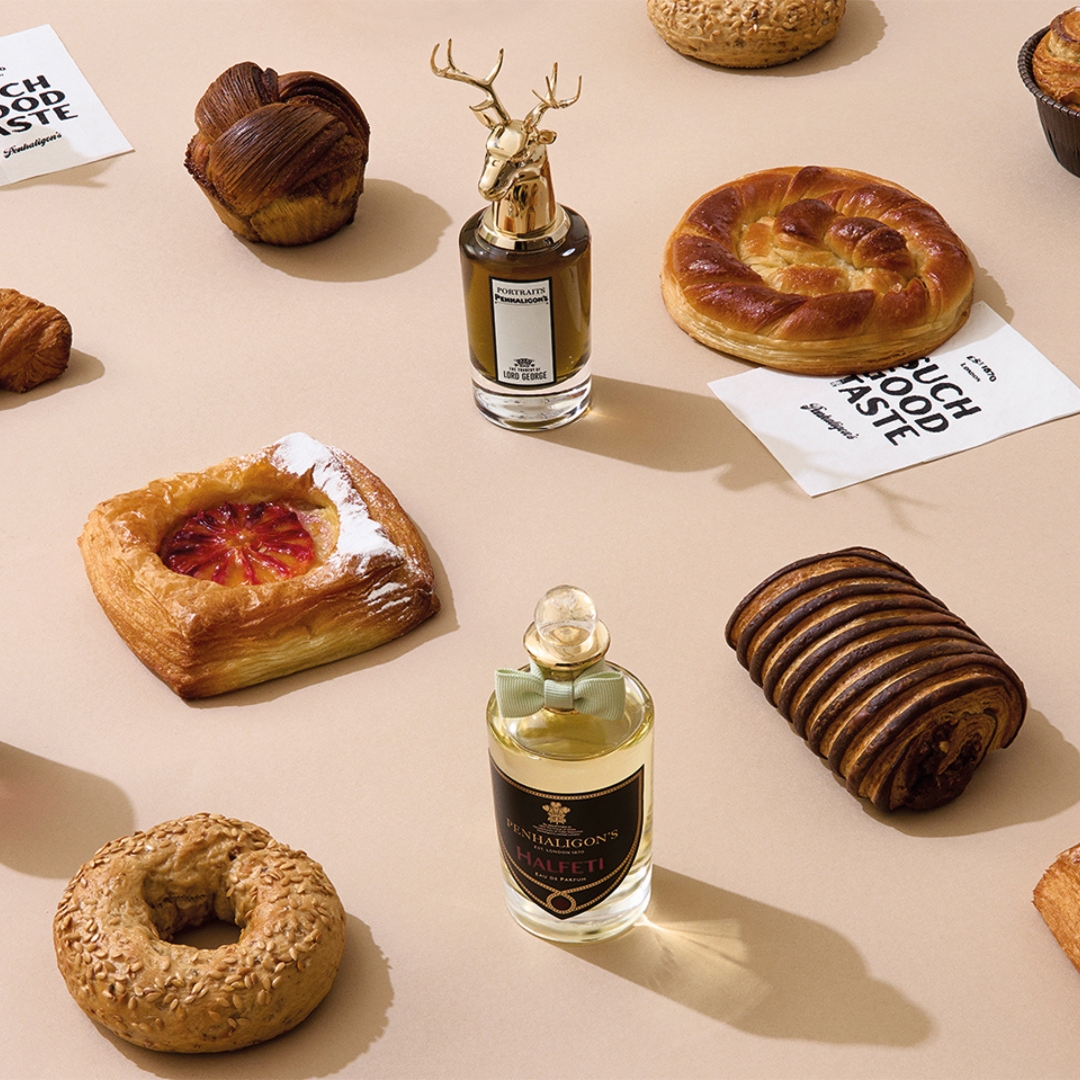 Penhaligons perfumes photographed with delicious sweets and desserts