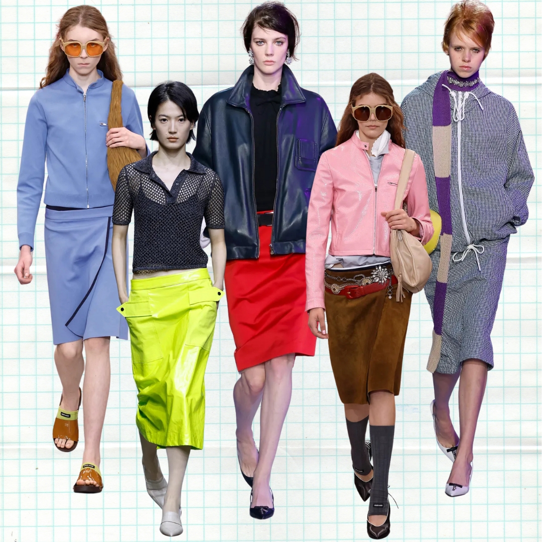 workwear pencil skirt-collage with five models from runways ss25 wearing a pencil skirt in different styles