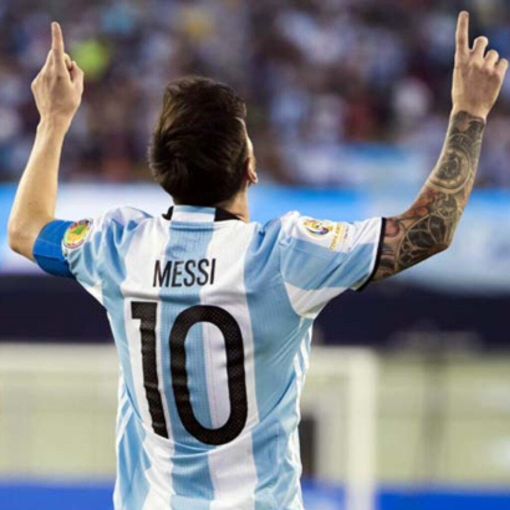 Football player Messi celebrating a decisive goal