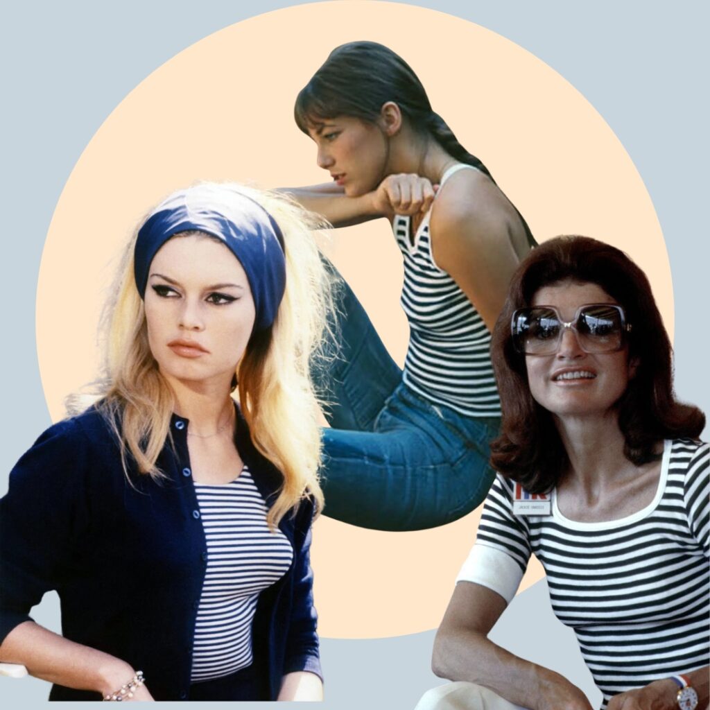 Collage with brigitte bardot, jane birkin and jack Kennedy wearing striped tops