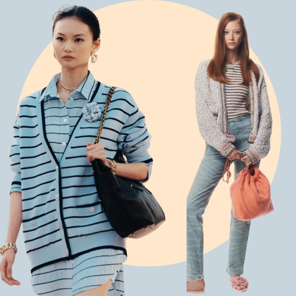 collage with two models from Canhel wearing stripes t-shirt and cardigan